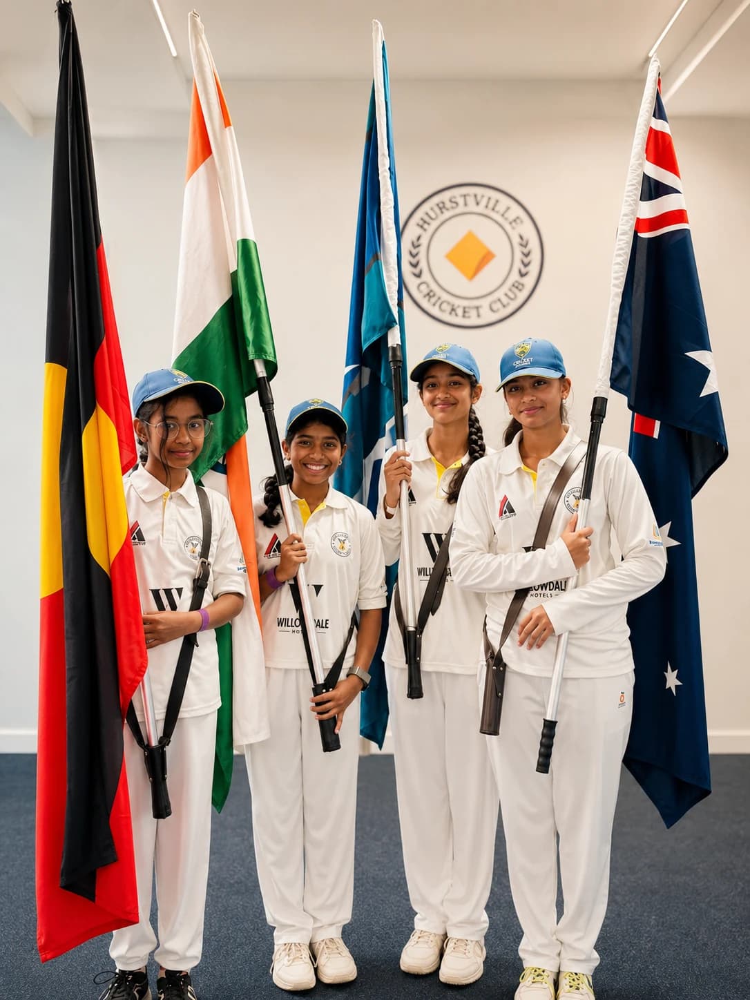 Four Willowdale girls cricket players holding community flags