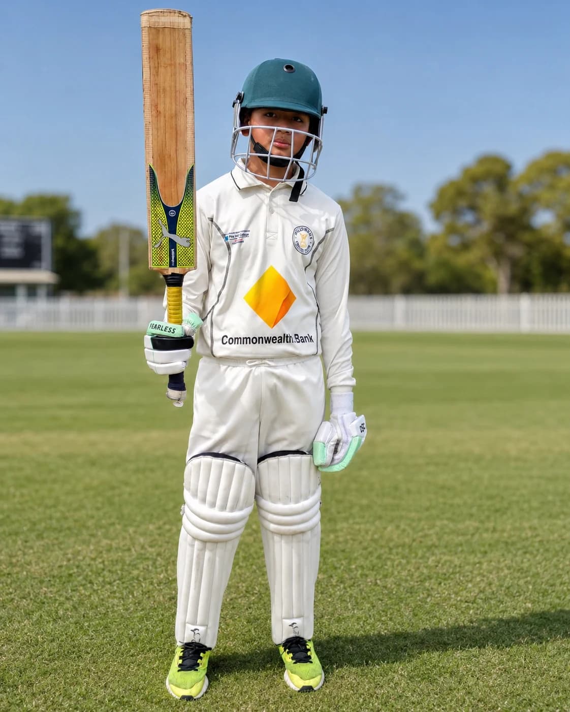 Willowdale junior batter holding a cricket bat on the field
