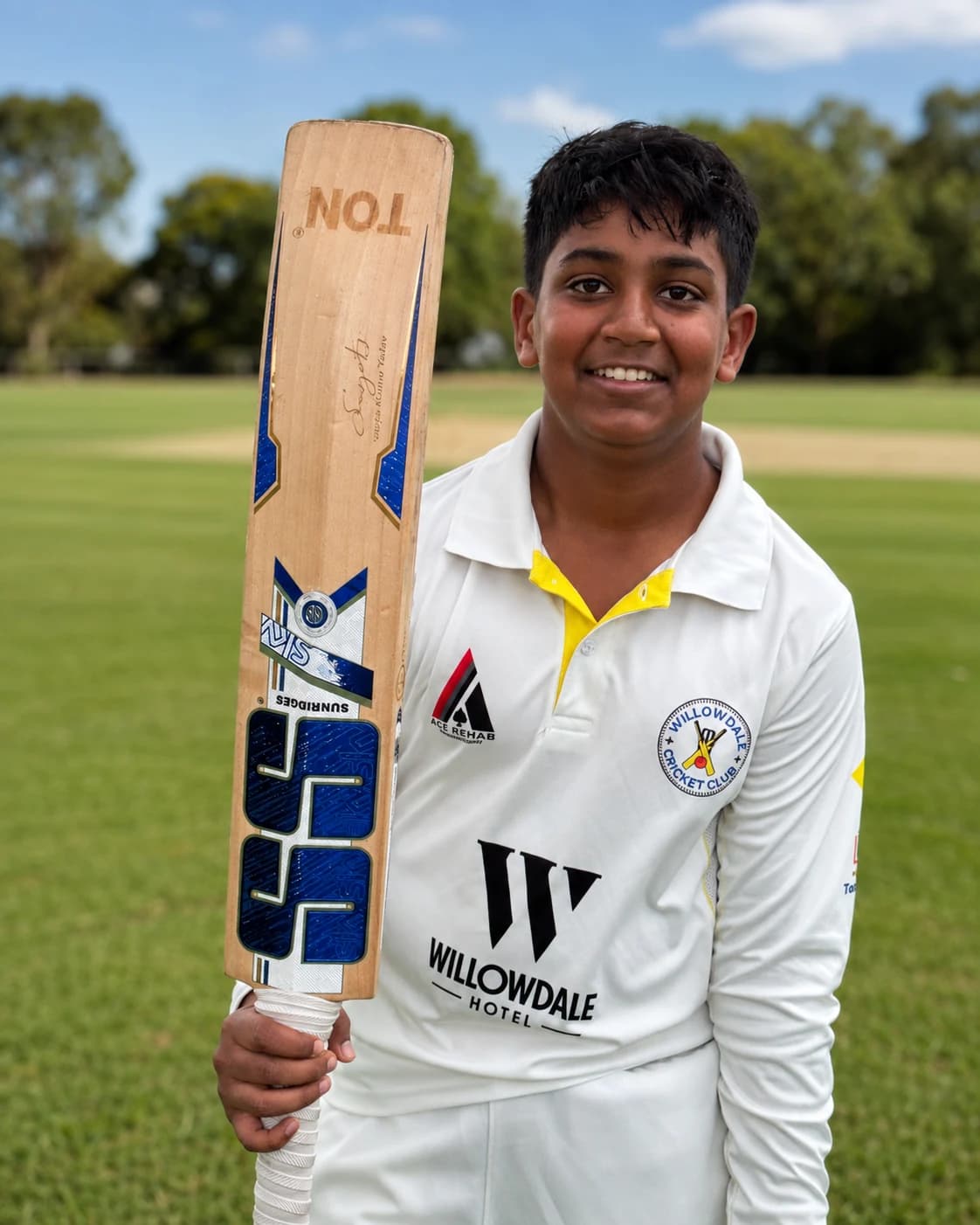 Willowdale junior batter with a cricket bat