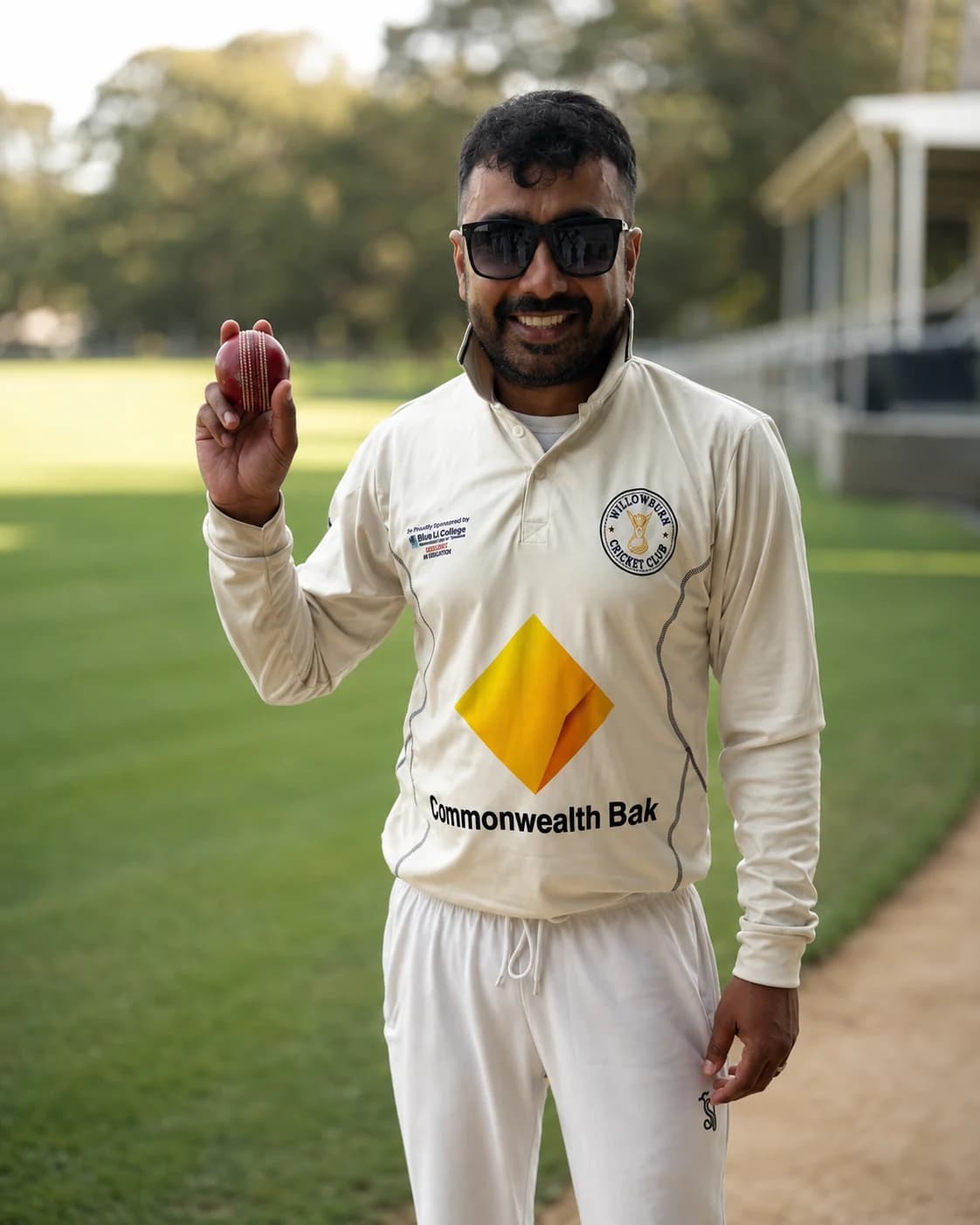 Willowdale senior player holding a cricket ball beside the field